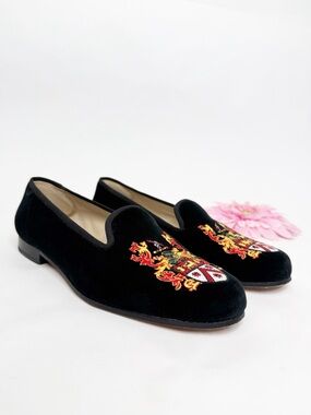 Stubbs & Wootton Velvet Embroidered Slipper Loafers Gold Crest Black Heraldic